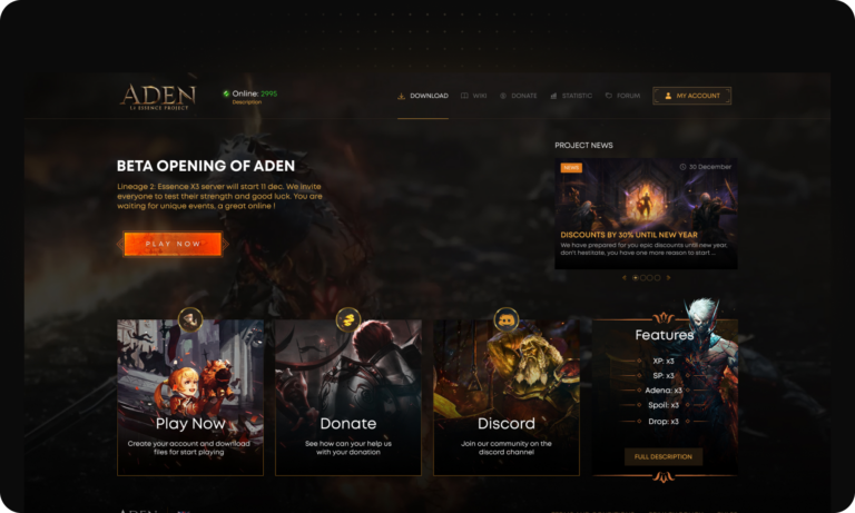Дизайн сайта для Lineage 2 сервера — Aden